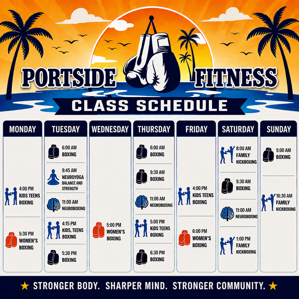 Portside Fitness weekly class schedule.