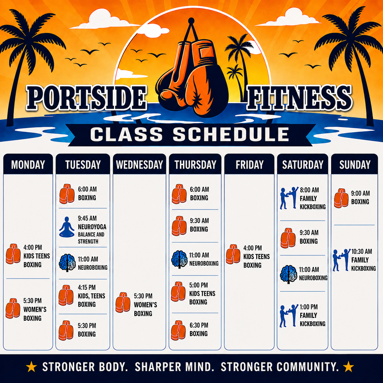 Portside Fitness weekly class schedule.