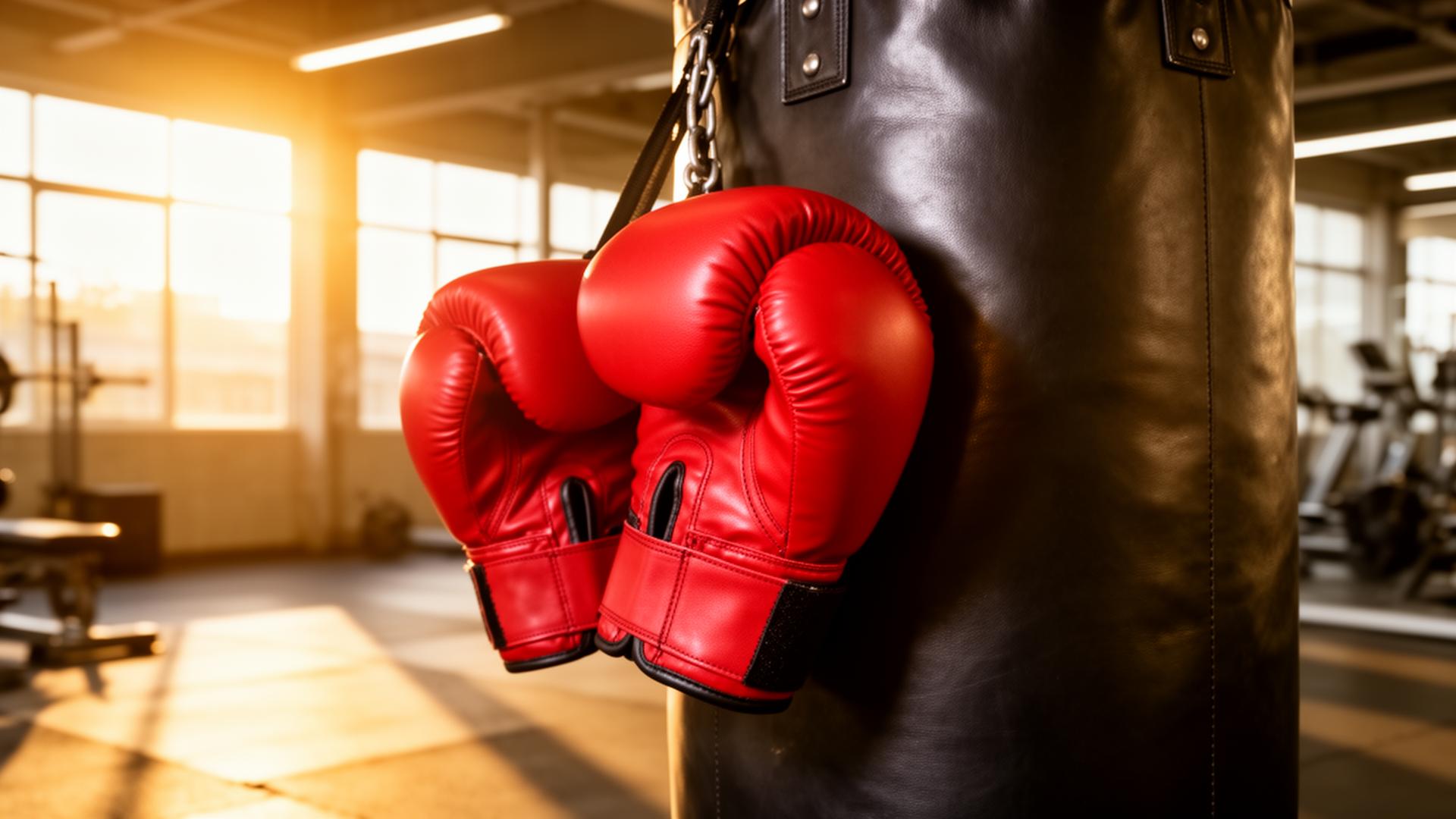 A pair of red boxing gloves resting on a black heavy bag in a sunlit gym.